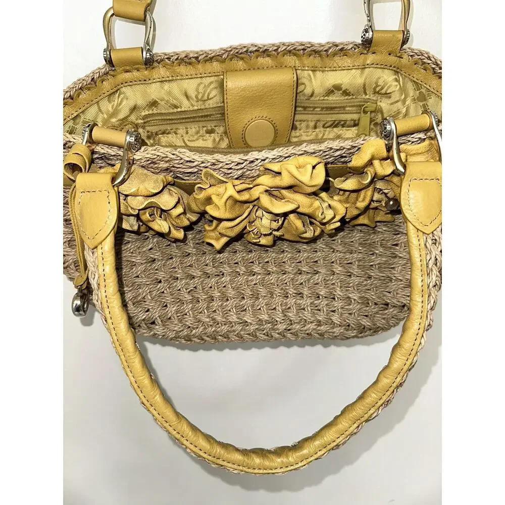 Brighton Straw Yellow Leather‎ Flower Handbag Top Handle Bag Boho Shabby Chic